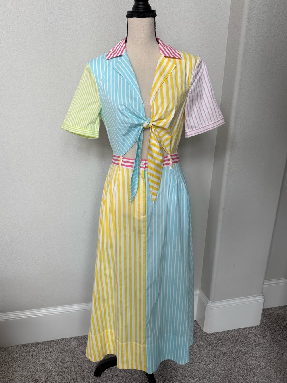 STAUD Giorgiana Pastel Multi-Stripe Tie-Front Midi Dress in Yellow, Blue & Pink